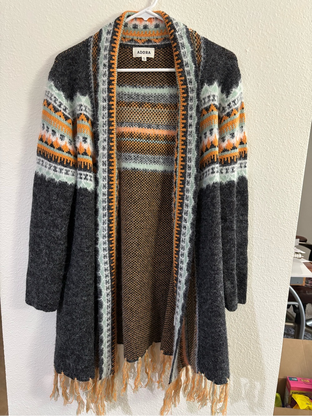 ADORA Charcoal Fair Isle Open Cardigan Sweater M/L Fringe Boho Gray Orange Cozy